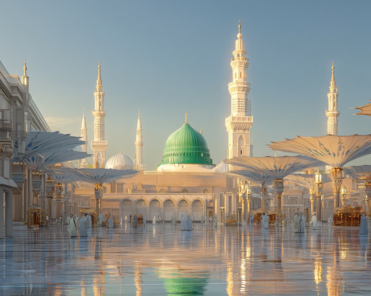The Green Dome and minarets of the Prophet's Mosque in morning light, the courtyard umbrellas open